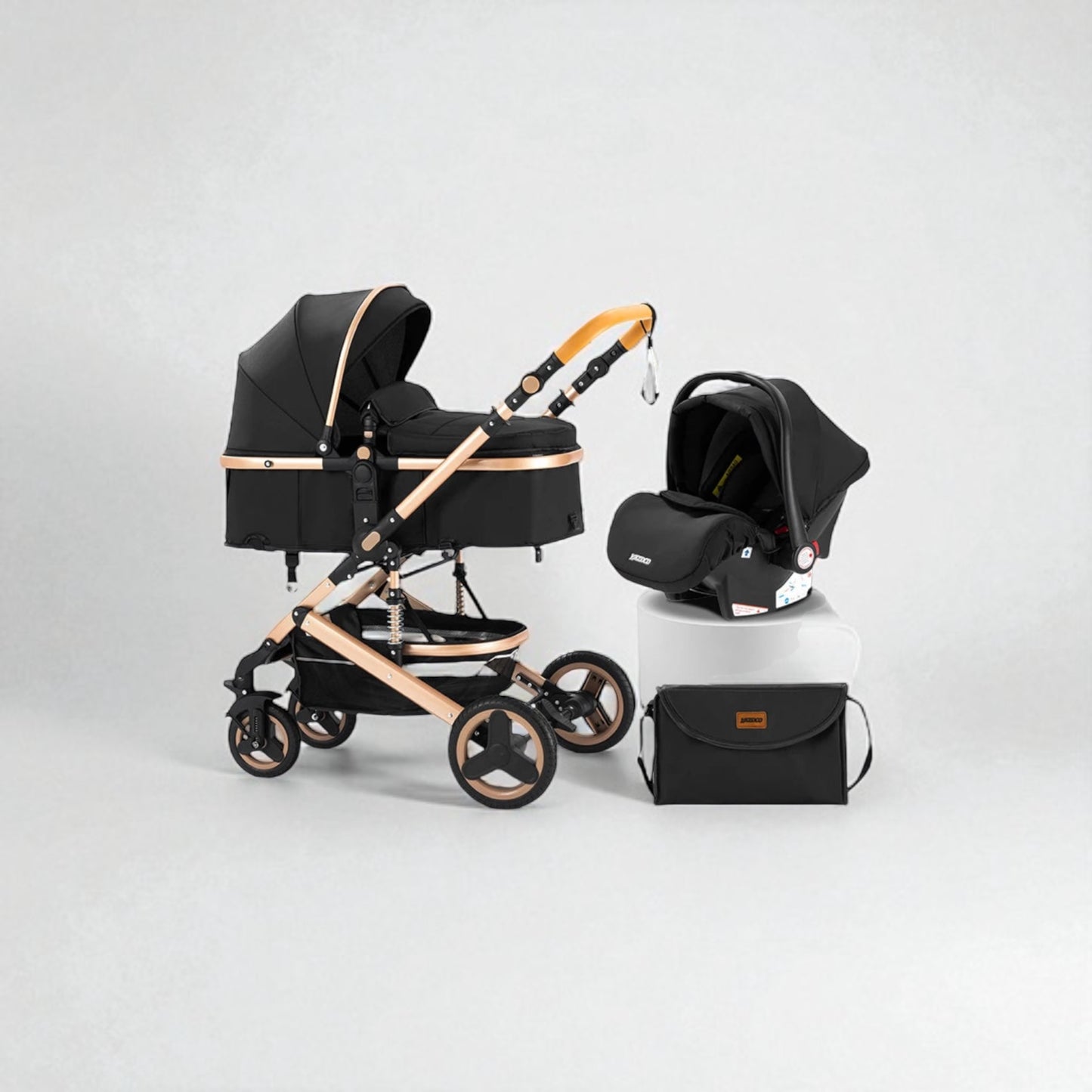 Poussette 3 en 1 Céleste – Trio élégante, confortable et compacte dès la naissance